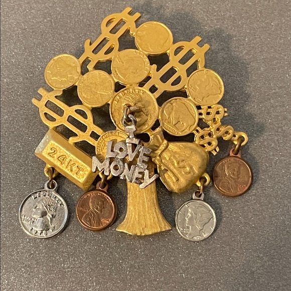 Vintage Gold-Tone Money Tree Dangling Charm Brooch - Picture 7 of 9